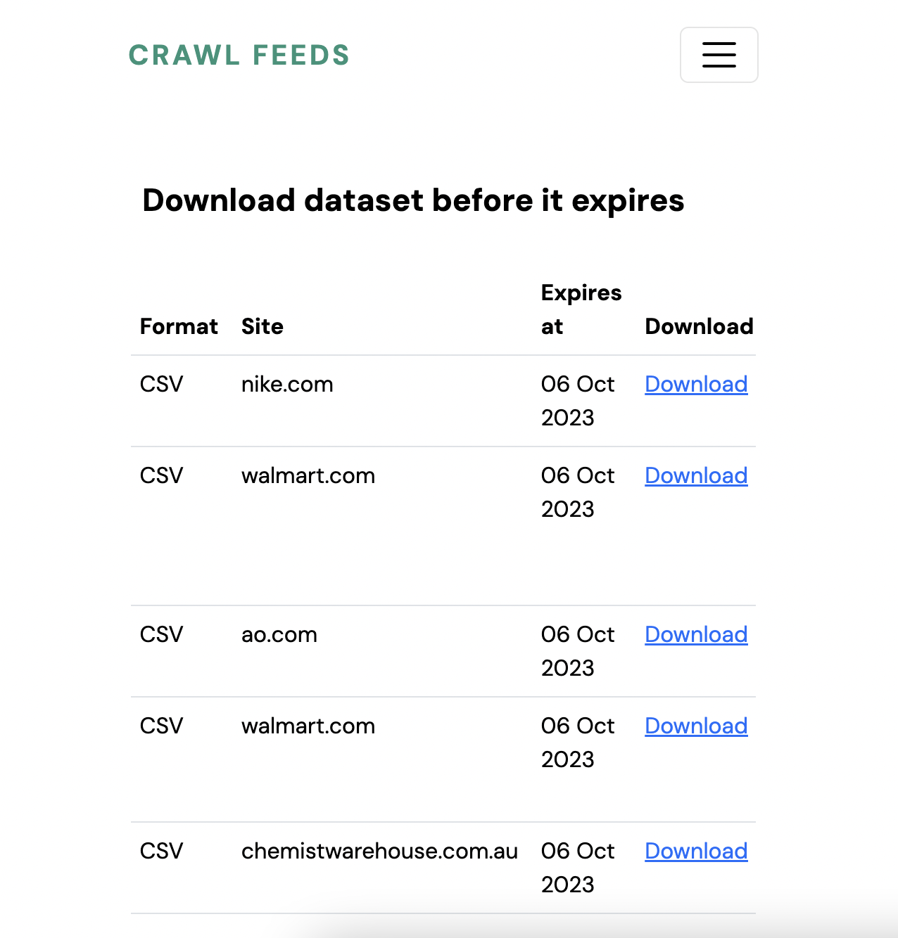 Download datasets page